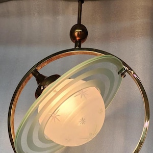 Antique Vintage Art Deco Old Fixture Saturn Ceiling Light Brass Pendant Hanging Light Frosted Star Globe Glass Shade LampShade Lamp