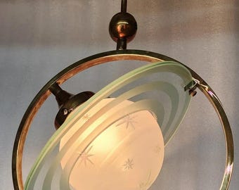 Antique Vintage Art Deco Old Fixture Saturn Ceiling Light Brass Pendant Hanging Light Frosted Star Globe Glass Shade LampShade Lamp