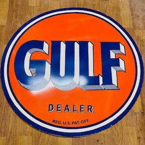 Vintage porcelain enamel Gulf dealer 48 inch double sided advertising sign board