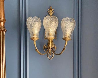 Può includere: Applique a tre luci con finitura in ottone e paralumi in vetro trasparente. L'applique ha un design decorativo con un motivo floreale ed è montata su una parete blu. Ogni paralume misura circa 15 cm di altezza.