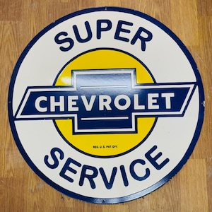 Vintage porcelain enamel Super Chevrolet Service 30 inch single sided advertising sign board