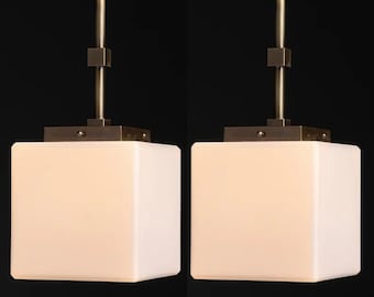 Pair of Antique Vintage Art Deco Old Fixture Ceiling Brass Hanging Pendant ceiling Light Cube Milk Glass Shade Lamp