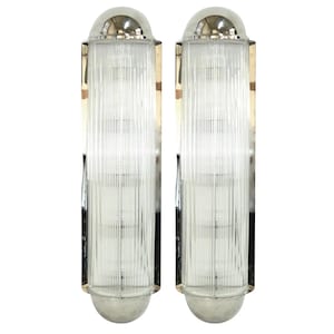 Pair Of Large Antique Vintage French Art Deco Petitot Brass & Glass Rod Nickel Wall Sconces Lights Lamp