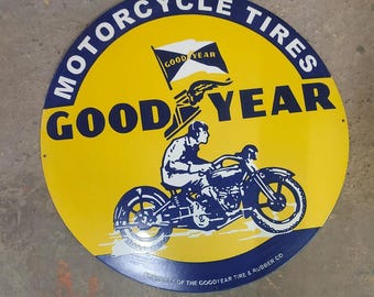 Vintage porcelain enamel Goodyear Motorcycle Tires 30 inch single sided  advertising sign board