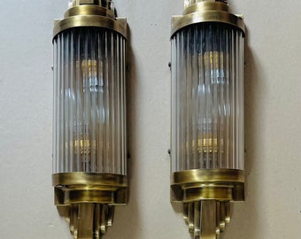 Pair Of Vintage Old Art Deco Brass & Glass Rods Antique Wall Sconces Ship Light Lamp