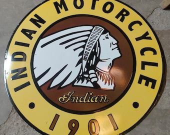 Vintage porcelain enamel Indian motorcycle 1901 30 inch single sided advertising sign board