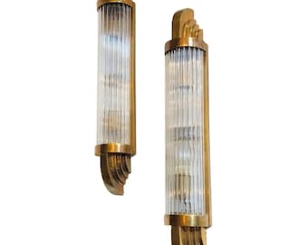 Pair Of Antique Old Vintage Skyscraper Art Deco Brass & Glass Rod Wall Sconces Light Lamp