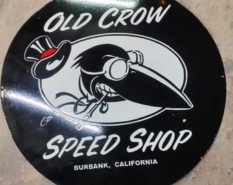 Vintage porcelain enamel Old Crow Speed Shop 30 inch single sided advertising sign board