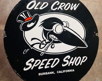 Old Crow Speed Shop Vintage Porcelain  Advertising Enamel Sign board plate