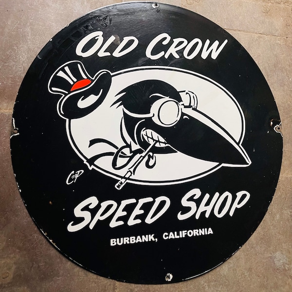 Plaque émaillée publicitaire vintage en porcelaine Speed Shop Old Crow