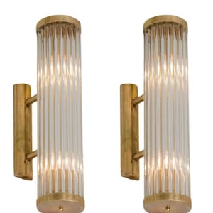 Pair Of Antique Vintage Elegant Art Deco Brass & Glass Rod Wall Sconces Light Lamp