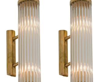Pair Of Antique Vintage Elegant Art Deco Brass & Glass Rod Wall Sconces Light Lamp
