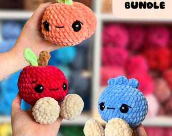 3 in 1 PATTERN ONLY Fruit Bundle: Blueberry, Apple, Peach with Legs Crochet Amigurumi English Patterns US Terminology, Plushie Patterns