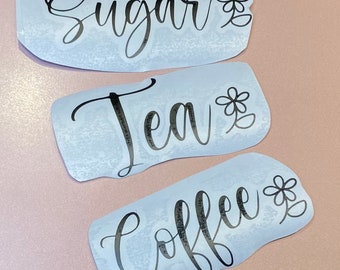 Set of 3 x Custom vinyl decal labels | stickers (kitchen set of 3 labels) tea~coffee~sugar