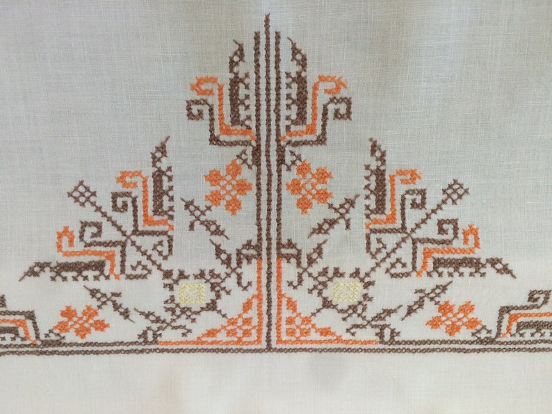 Cross Stitch Vintage Handmade Tablecloth Floral Hand Embroidered Table Top Rectangle Soft Beige Cotton
