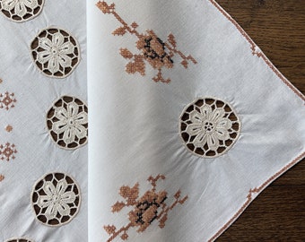 Cross Stitch Vintage Handmade Tablecloth Floral Hand Embroidered Table Top Rectangle Soft Beige Cotton