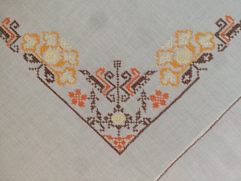 Cross Stitch Vintage Handmade Tablecloth Floral Hand Embroidered Table Top Rectangle Soft Beige Cotton
