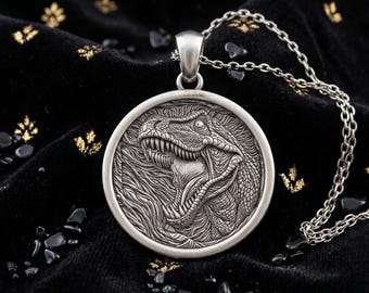 男性用T-Rex恐竜スカルシルバーペンダントネックレス、ユニークな
