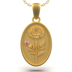 October Birth Flower Necklace – Marigold Floral Pendant with Pink Gemstone – Sterling Silver Botanical Jewelry Gift