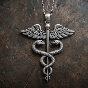 Caduceus-hänge – Halsband med medicinsk symbol i sterlingsilver – Smycken med bevingad orm, present till män och kvinnor