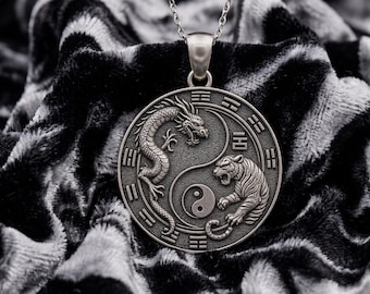 Sterling Silver Dragon Tiger Yin Yang Pendant: Oriental Amulet Necklace