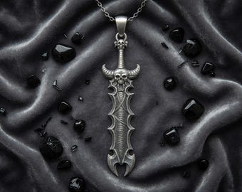 Silver Fantasy Sword Necklace • Demon Skull Blade • Detailed Gothic Jewelry For Women And Men