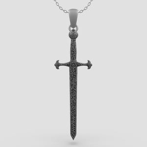 Sterling Silver Floral Sword Pendant Necklace - Gothic Amulet Jewelry