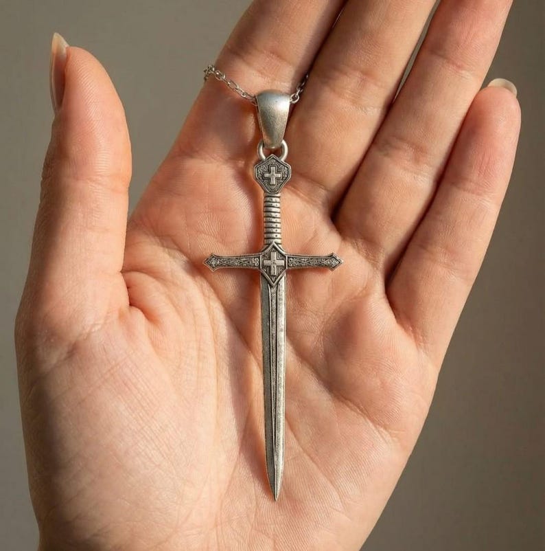 Sterling Silver Crusader Sword Cross Necklace Christian Knight Pendant Medieval Faith Gift Unisex image 4