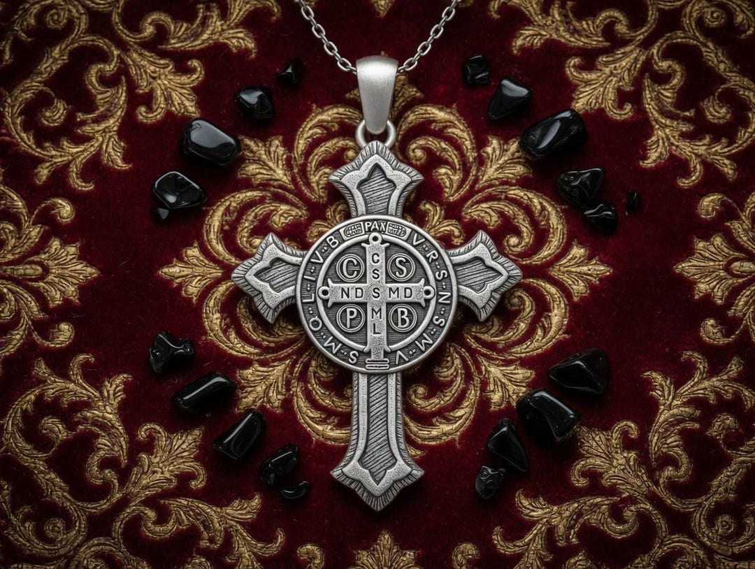 Saint Benedict Cross Pendant, Oxidized Sterling Silver Religious ...