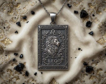 Lejonet Zodiac-hänge – Rektangulärt astrologihalsband i sterlingsilver – Horoskopsmycken, present till män och kvinnor