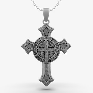 Saint Benedict Cross Pendant, Oxidized Sterling Silver Religious Necklace, Christian Protection Medal Jewelry