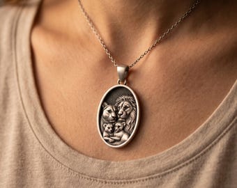 Sterling Silber Löwenfamilie Anhänger Halskette: Tier Totem Schmuck