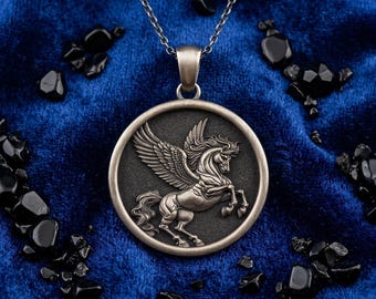 Sterling Silver Pegasus Medallion Necklace: Mythical Winged Horse Pendant