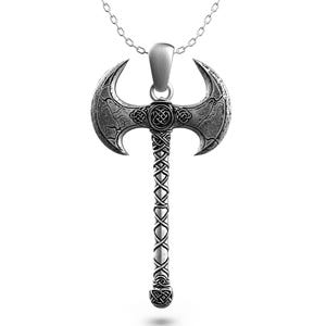 Viking Axe Pendant – Silver Norse Warrior Necklace – Double Headed Battle Axe – Unisex Mythic Jewelry