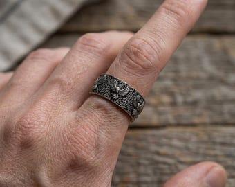 Oxidized Sterling Silver Phoenix Ring: Mythical Bird Band