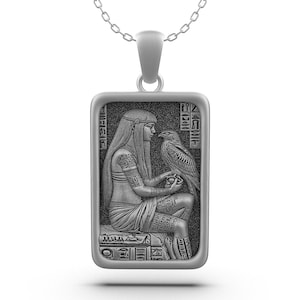 Egyptian Goddess and Falcon Necklace – Ancient Egypt Relief Pendant – Unisex Silver Jewelry for Mythology Lovers