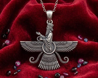 Sterling Silver Faravahar Pendant, Unisex Persian Winged Symbol Necklace, Detailed Spiritual Art Jewelry