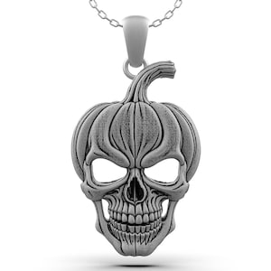 Collier en argent sterling avec tête de mort citrouille : pendentif gothique d&#39;Halloween
