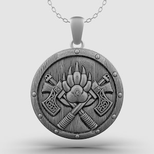 Oxidized Sterling Silver Viking Shield Necklace: Norse Axe Amulet