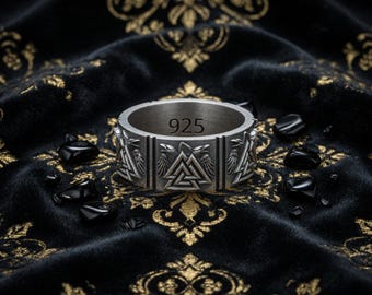 Anel Valknut, Faixa Viking com Corvo: Joias da Mitologia Nórdica em Prata de Lei