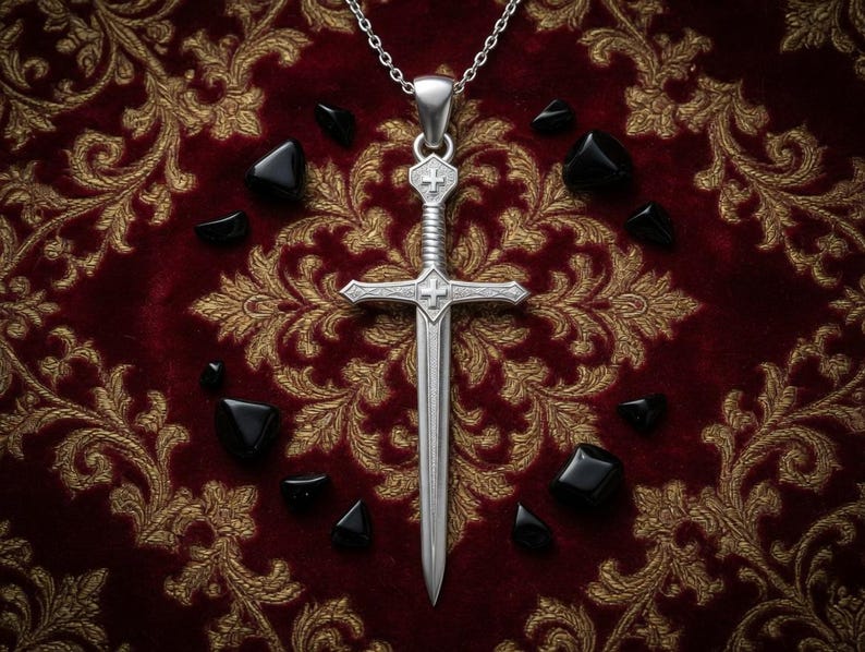 Sterling Silver Crusader Sword Cross Necklace Christian Knight Pendant Medieval Faith Gift Unisex Silver Polished