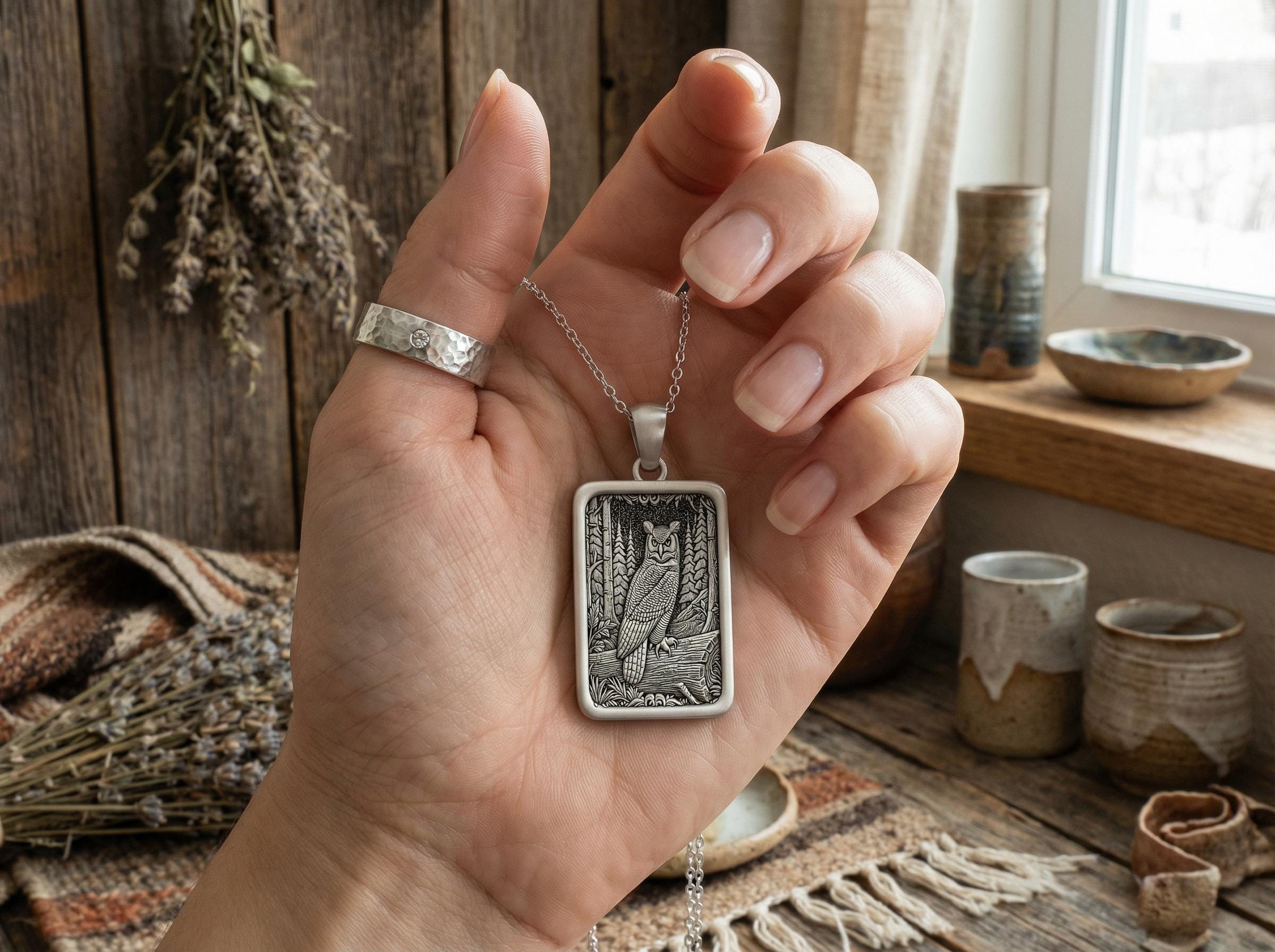 Owl Necklace &bull; Silver Forest Pendant &bull; Symbol of Wisdom and Intuition &bull; Nature-Inspir