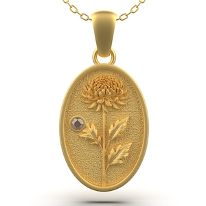 November Birth Flower Necklace with Brown Gemstone – Chrysanthemum Pendant in Oxidized Sterling Silver