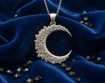 Floral Moon Pendant in Sterling Silver – Flowered Crescent Necklace for Women and Girls