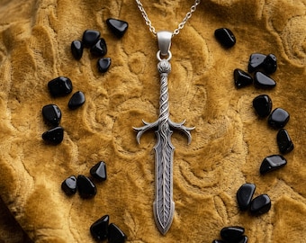 Dark Elven Sword Necklace – Silver Fantasy Blade Pendant – Gothic Warrior Jewelry – Unisex Mythic Gift