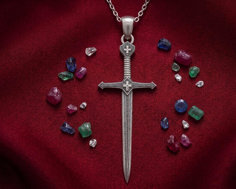 Sterling Silver Crusader Sword Cross Necklace Christian Knight Pendant Medieval Faith Gift Unisex image 2