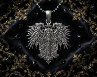 Collana con ciondolo a croce con ali d'angelo in argento sterling – Gioielli religiosi in argento sterling per uomo e donna