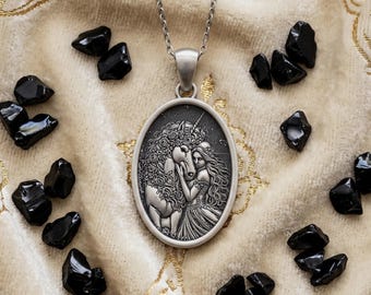 Unicorn and Maiden Pendant – Romantic Fantasy Oval Necklace – Unisex Silver Jewelry Gift