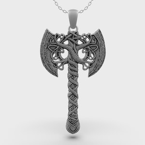 Sterling Silver Viking Axe Necklace: Tree of Life Amulet