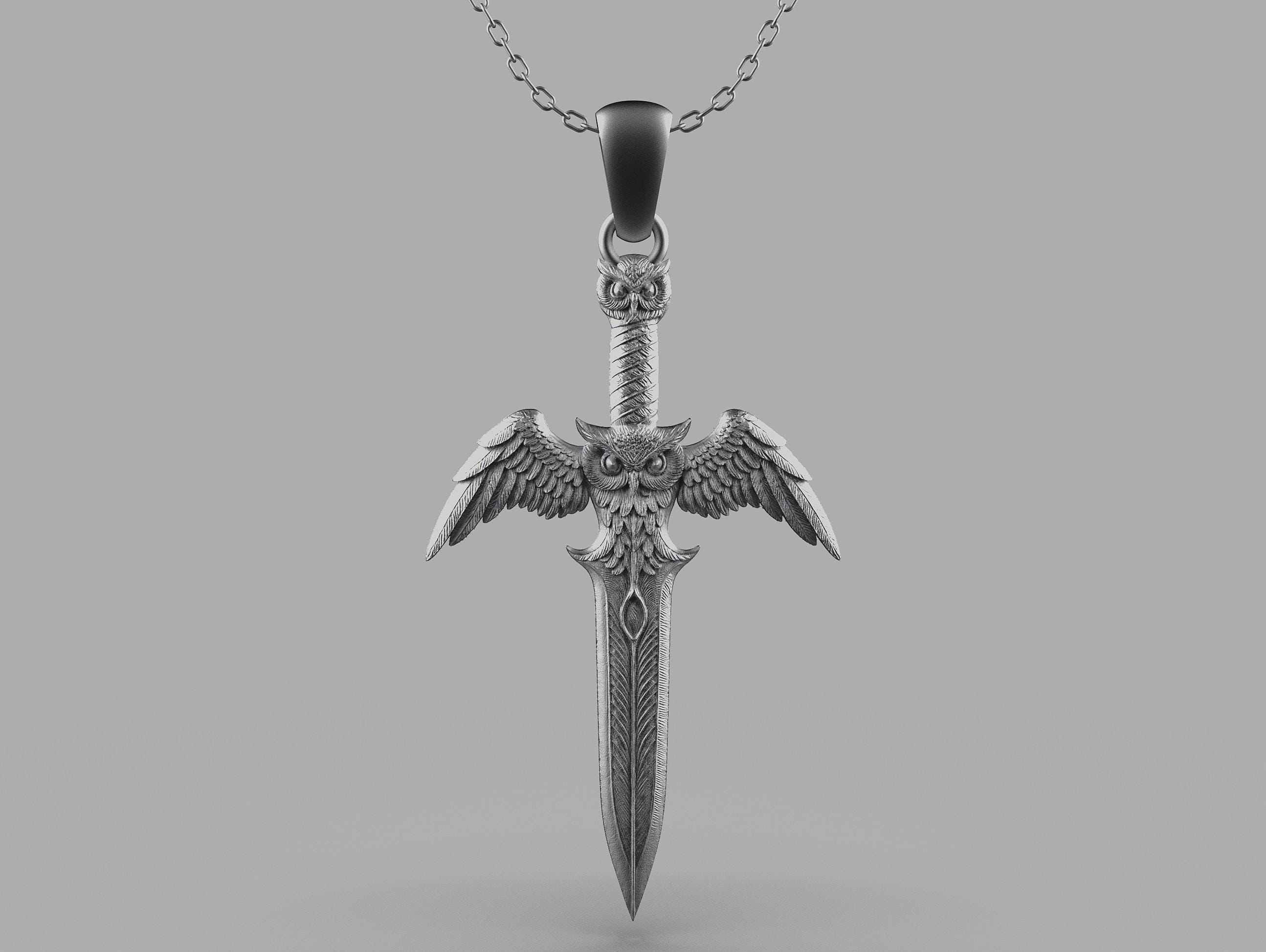 Sword Necklace – Owl Spirit Blade Pendant – Silver Fantasy Weapon